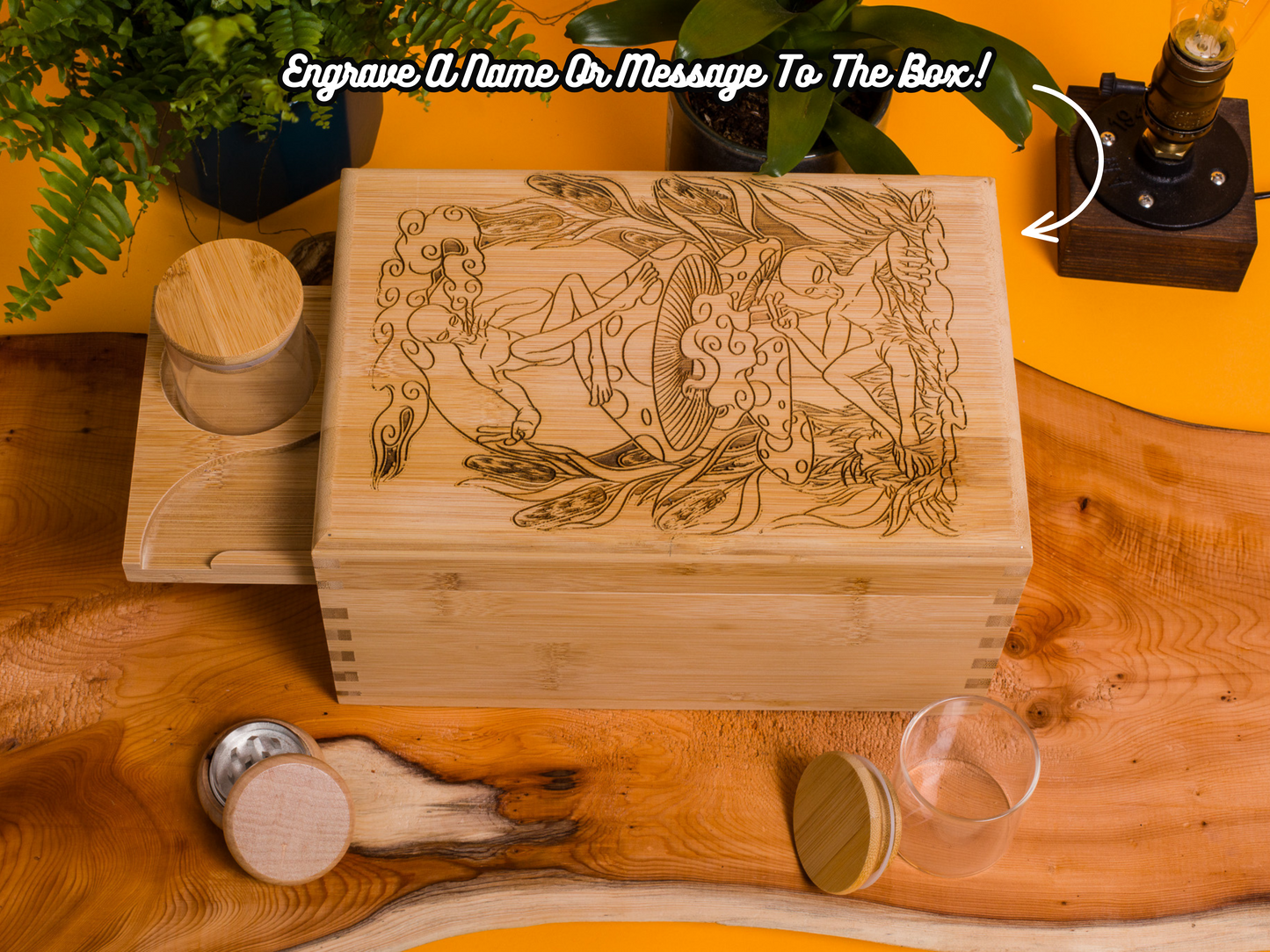 Custom Rolling Stash Box Kit, Real Wood Engraving, Pair Of Aliens, Smoke Box Gift Set