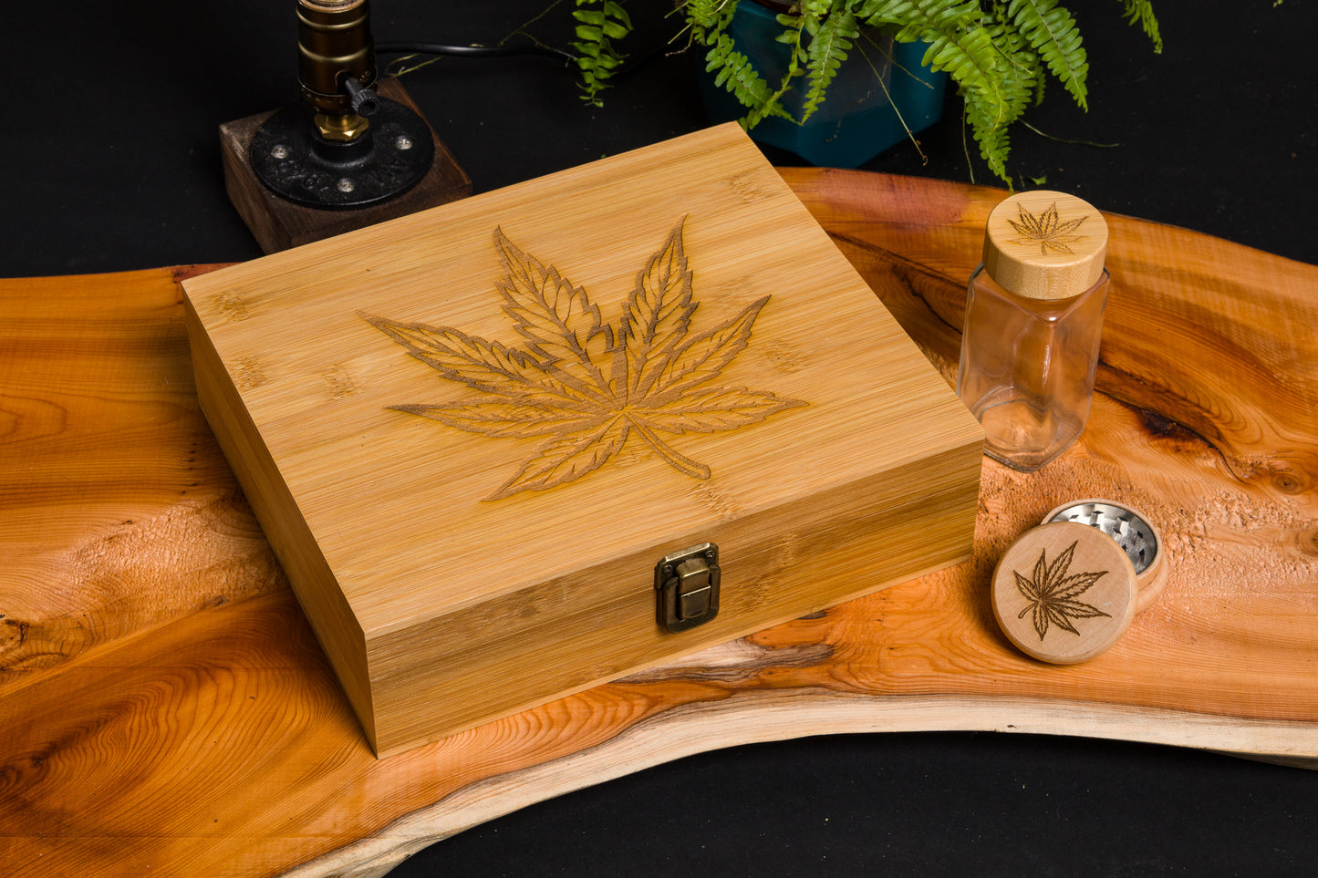 Custom Rolling Stash Box Kit, Real Wood Engraving, Leaf, Smoke Box Gift Set