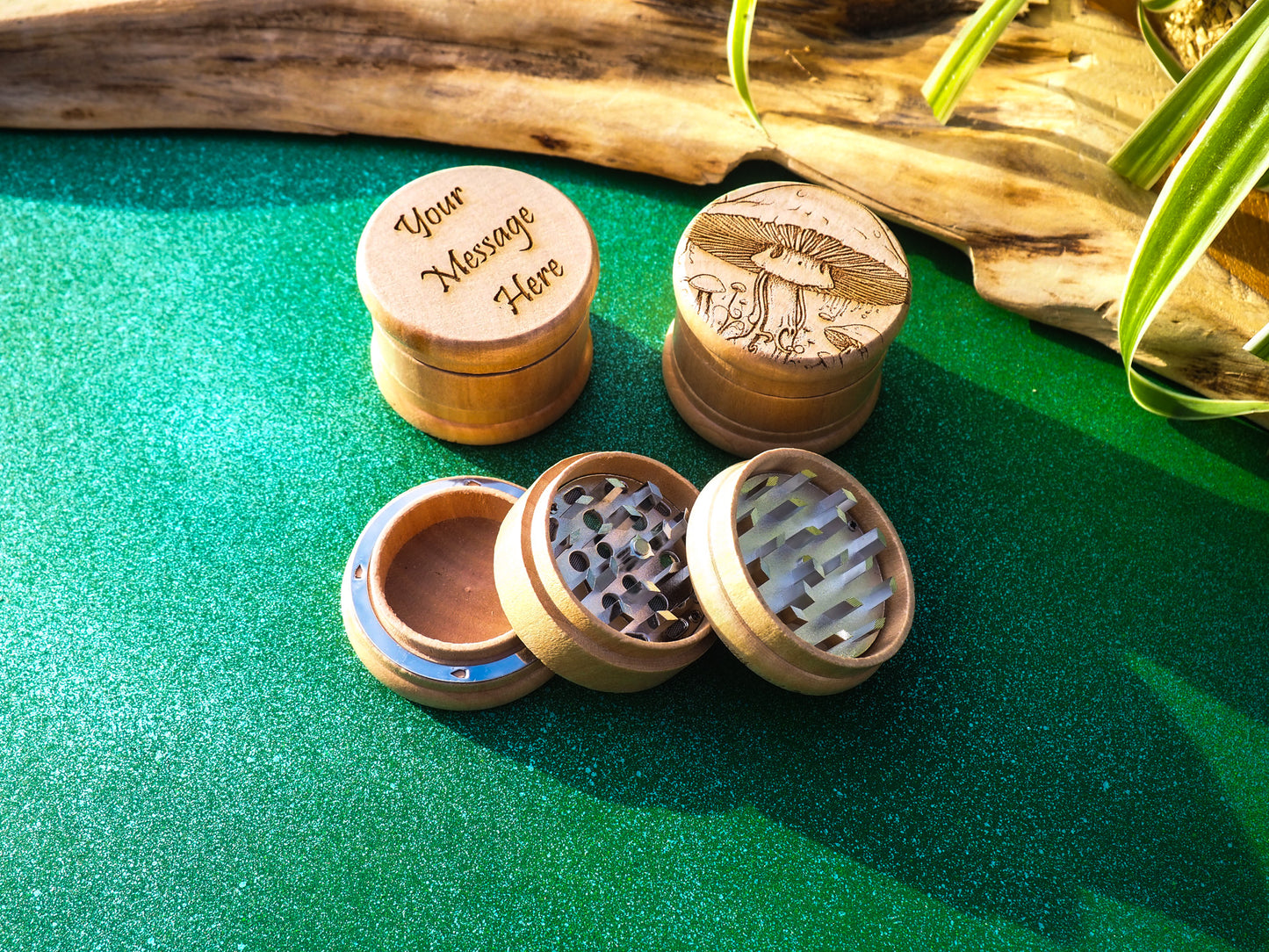 Herb Grinder, 3 Part, Hand Muller, Crusher, Metal Teeth, Wood Engraved, Custom Personalized Gift For All Occasions, Kief Chamber, Happy Shroom