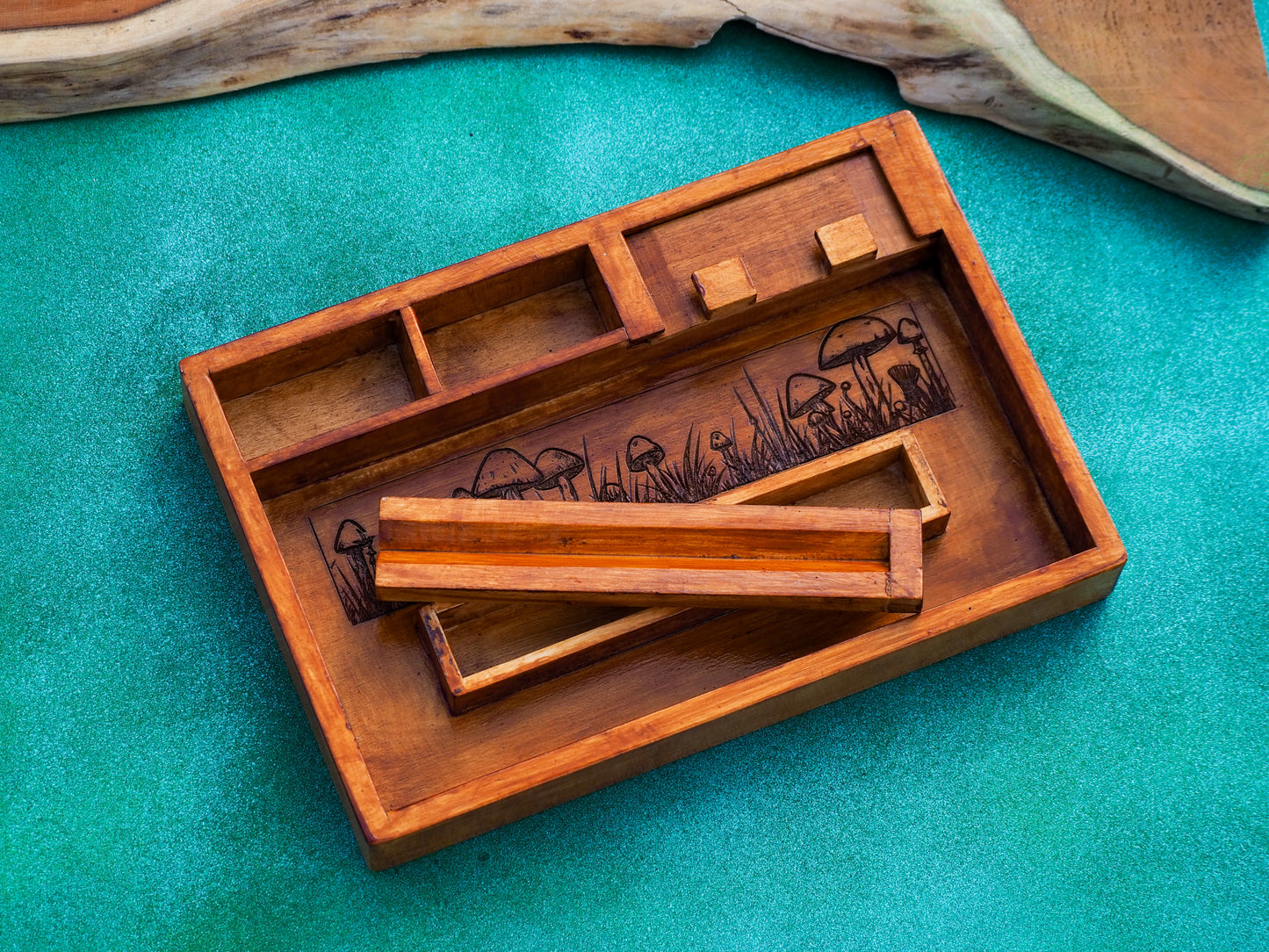 Custom Wooden Rolling Tray, Personalise With Name Or Message, Multiple Compartments, Mushroom Art Work