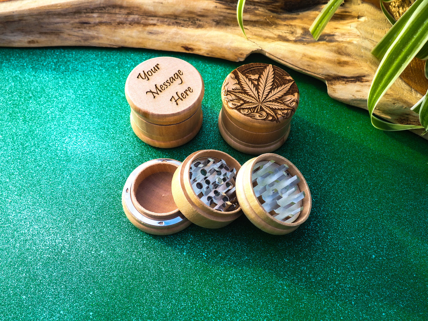 Herb Grinder, 3 Part, Hand Muller, Crusher, Metal Teeth, Wood Engraved, Custom Personalized Gift For All Occasions, Kief Chamber, Leaf Cloud