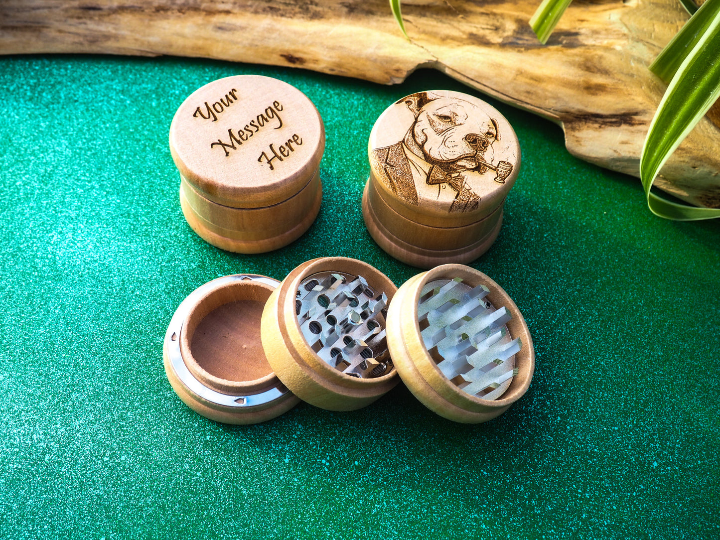 Herb Grinder, 3 Part, Hand Muller, Crusher, Metal Teeth, Wood Engraved, Custom Personalized Gift For All Occasions, Kief Chamber, Pitbull Pipe