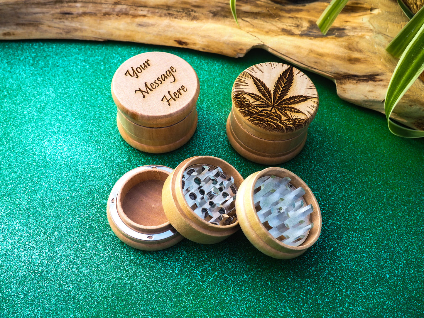 Herb Grinder, 3 Part, Hand Muller, Crusher, Metal Teeth, Wood Engraved, Custom Personalized Gift For All Occasions, Kief Chamber, Single Leaf