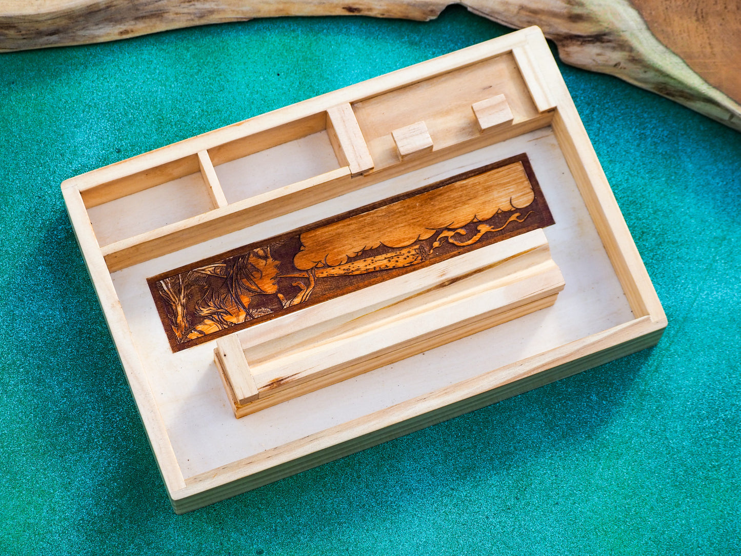 Custom Wooden Rolling Tray, Personalize With Name Or Message, Multiple Compartments, Pixie Cloud Art Work