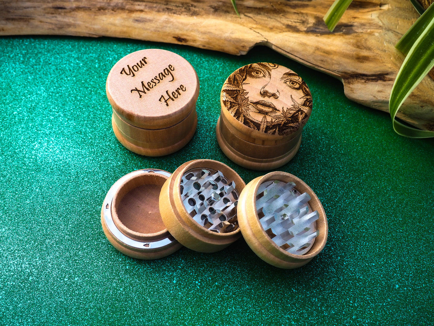 Herb Grinder, 3 Part, Hand Muller, Crusher, Metal Teeth, Wood Engraved, Custom Personalized Gift For All Occasions, Kief Chamber, Leaf Women