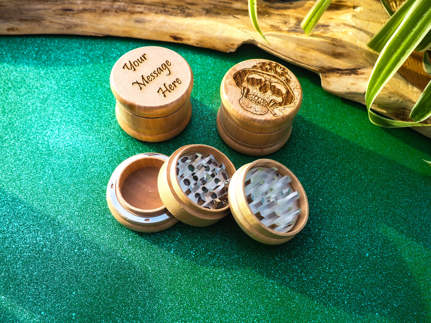 Herb Grinder, 3 Part, Hand Muller, Crusher, Metal Teeth, Wood Engraved, Custom Personalized Gift For All Occasions, Kief Chamber, Skull Hat