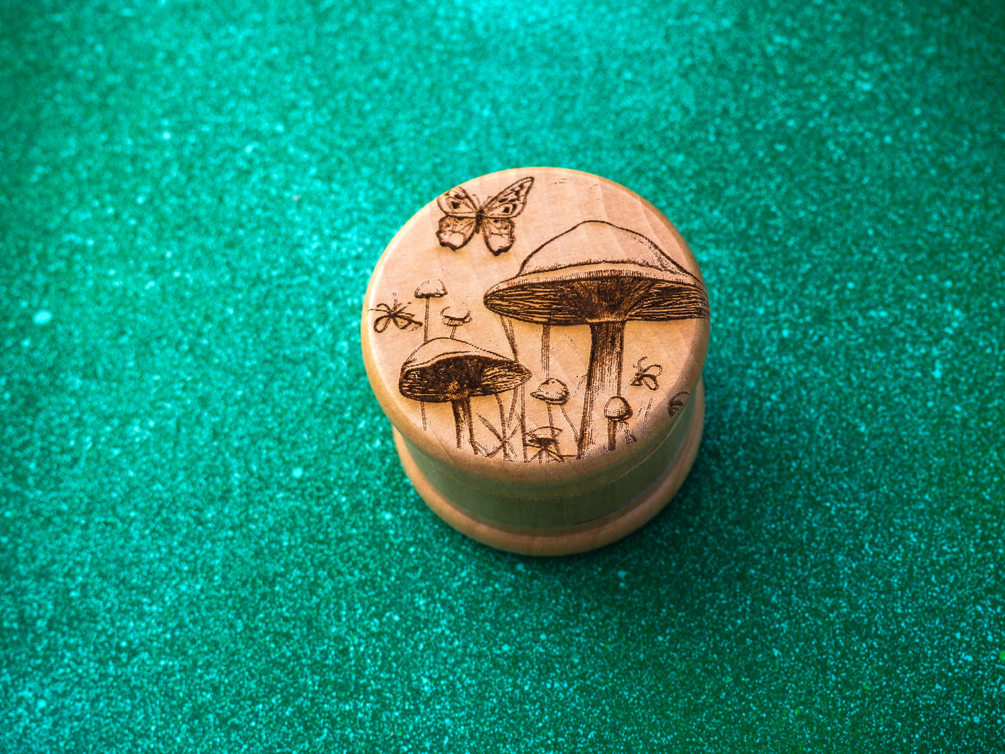 Herb Grinder, 3 Part, Hand Muller, Crusher, Metal Teeth, Wood Engraved, Custom Personalized Gift For All Occasions, Kief Chamber, Shroom Butterfly