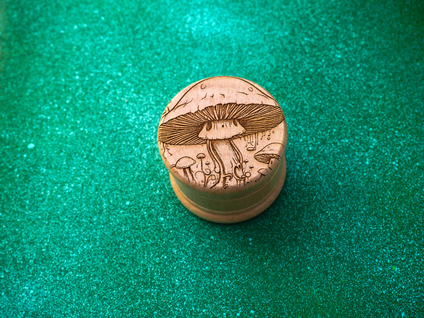 Herb Grinder, 3 Part, Hand Muller, Crusher, Metal Teeth, Wood Engraved, Custom Personalized Gift For All Occasions, Kief Chamber, Happy Shroom