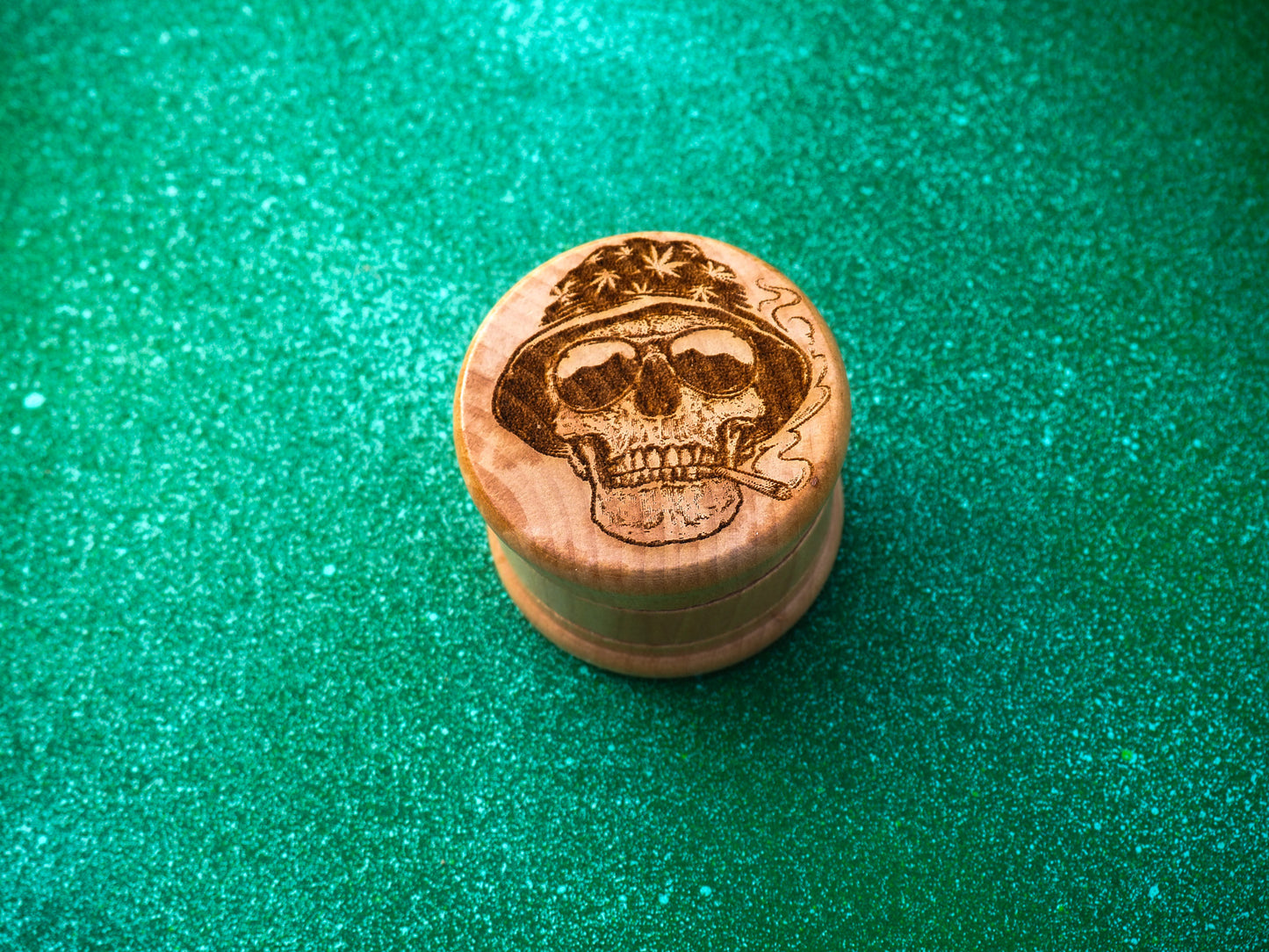 Herb Grinder, 3 Part, Hand Muller, Crusher, Metal Teeth, Wood Engraved, Custom Personalized Gift For All Occasions, Kief Chamber, Skull Hat