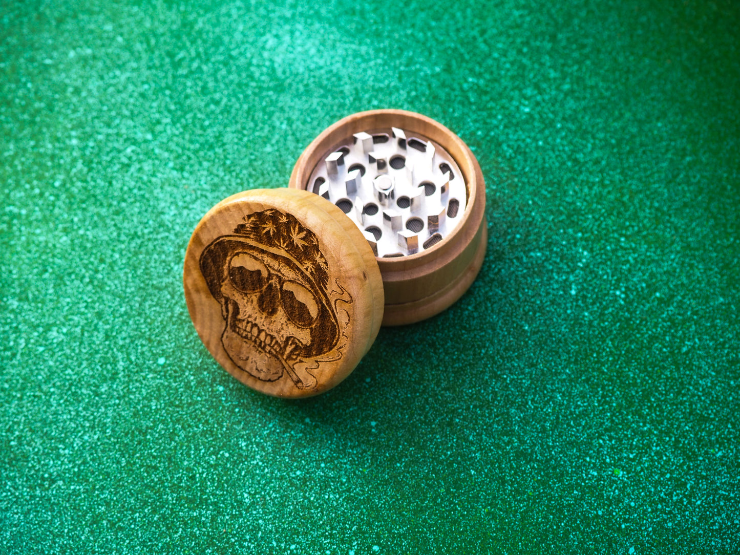 Herb Grinder, 3 Part, Hand Muller, Crusher, Metal Teeth, Wood Engraved, Custom Personalized Gift For All Occasions, Kief Chamber, Skull Hat