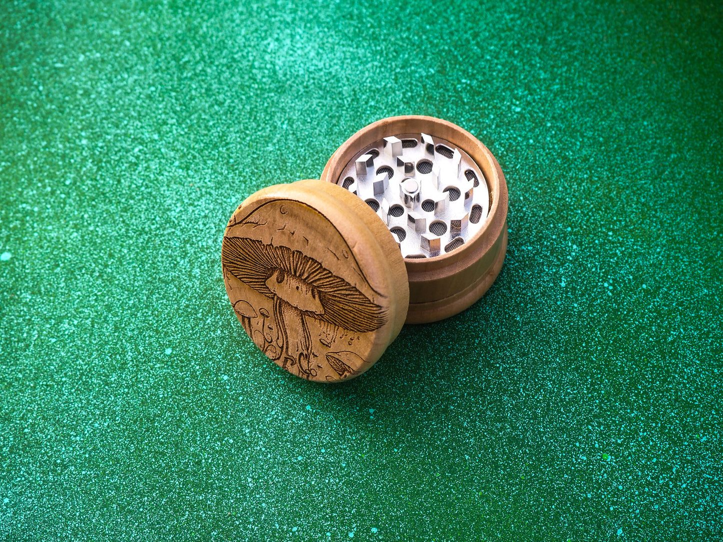 Herb Grinder, 3 Part, Hand Muller, Crusher, Metal Teeth, Wood Engraved, Custom Personalized Gift For All Occasions, Kief Chamber, Happy Shroom