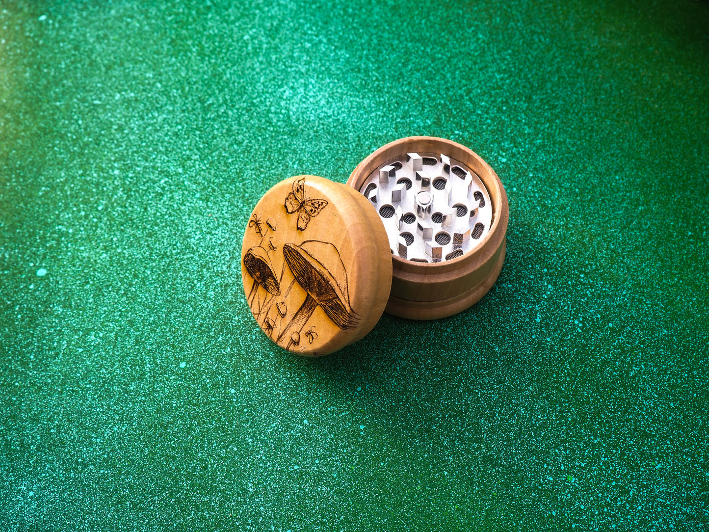 Herb Grinder, 3 Part, Hand Muller, Crusher, Metal Teeth, Wood Engraved, Custom Personalized Gift For All Occasions, Kief Chamber, Shroom Butterfly