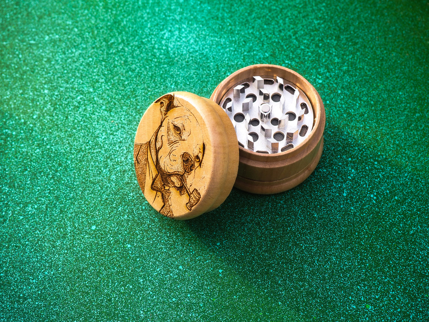 Herb Grinder, 3 Part, Hand Muller, Crusher, Metal Teeth, Wood Engraved, Custom Personalized Gift For All Occasions, Kief Chamber, Pitbull Pipe