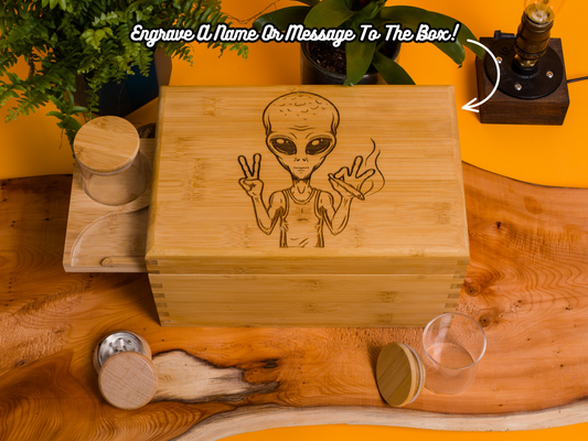 Custom Rolling Stash Box Kit, Real Wood Engraving, Puffin Alien, Smoke Box Gift Set