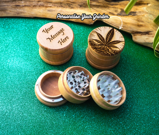 Herb Grinder, 3 Part, Hand Muller, Crusher, Metal Teeth, Wood Engraved, Custom Personalized Gift For All Occasions, Kief Chamber, Single Leaf