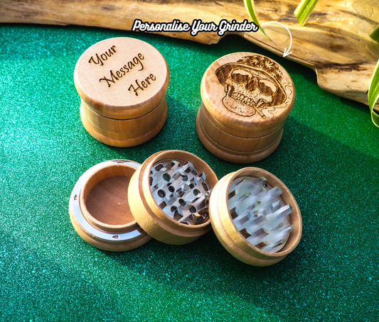 Herb Grinder, 3 Part, Hand Muller, Crusher, Metal Teeth, Wood Engraved, Custom Personalized Gift For All Occasions, Kief Chamber,  Skull Hat