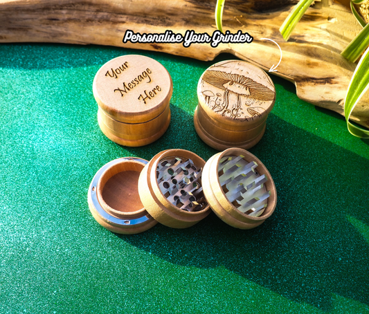Herb Grinder, 3 Part, Hand Muller, Crusher, Metal Teeth, Wood Engraved, Custom Personalized Gift For All Occasions, Kief Chamber, Happy Shroom