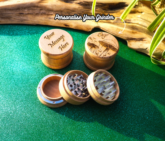 Herb Grinder, 3 Part, Hand Muller, Crusher, Metal Teeth, Wood Engraved, Custom Personalized Gift For All Occasions, Kief Chamber, Shroom Butterfly
