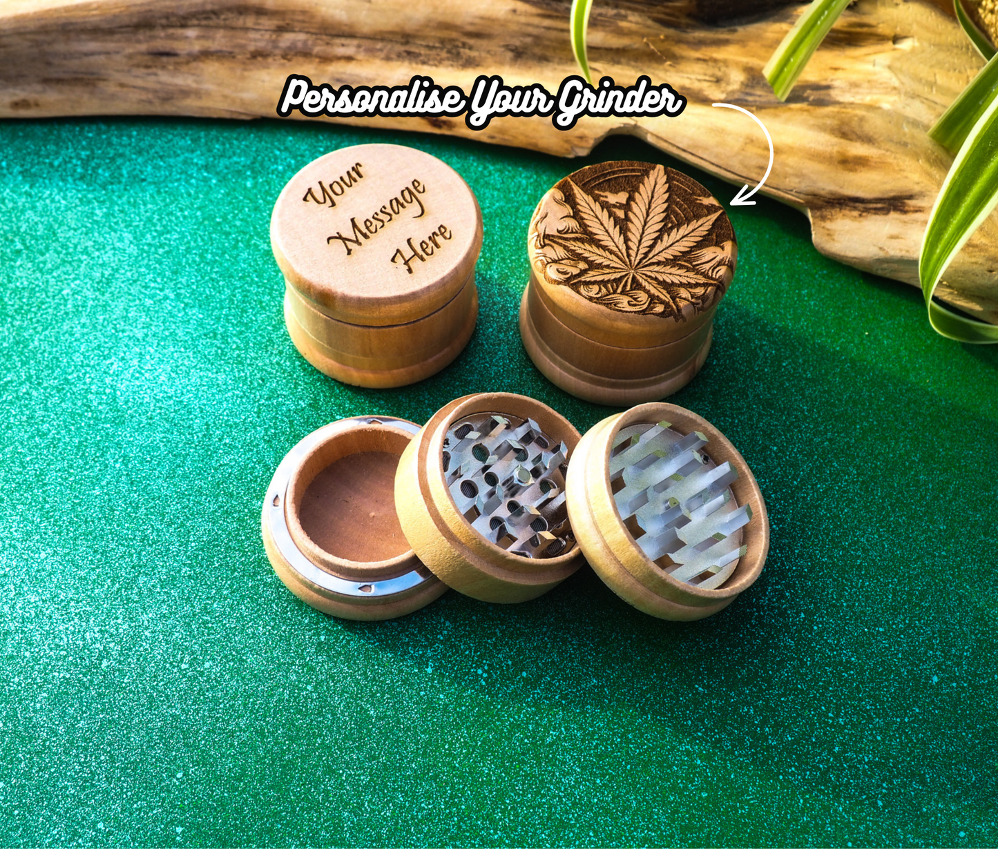 Herb Grinder, 3 Part, Hand Muller, Crusher, Metal Teeth, Wood Engraved, Custom Personalized Gift For All Occasions, Kief Chamber, Leaf Cloud