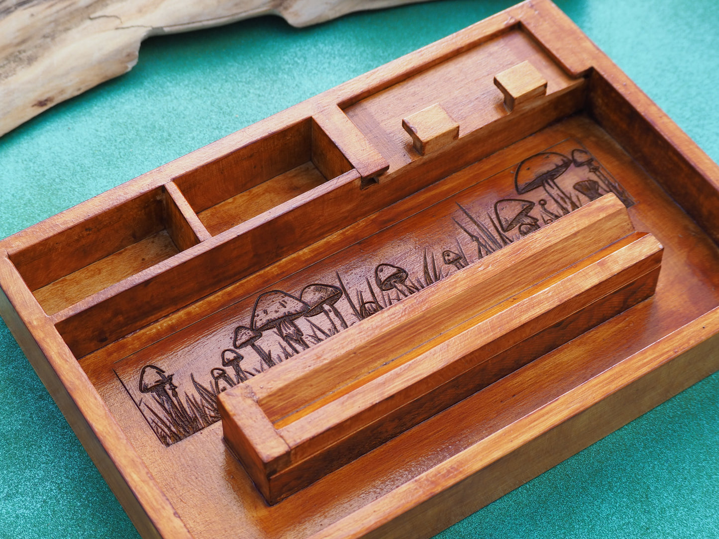 Custom Wooden Rolling Tray, Personalise With Name Or Message, Multiple Compartments, Mushroom Art Work
