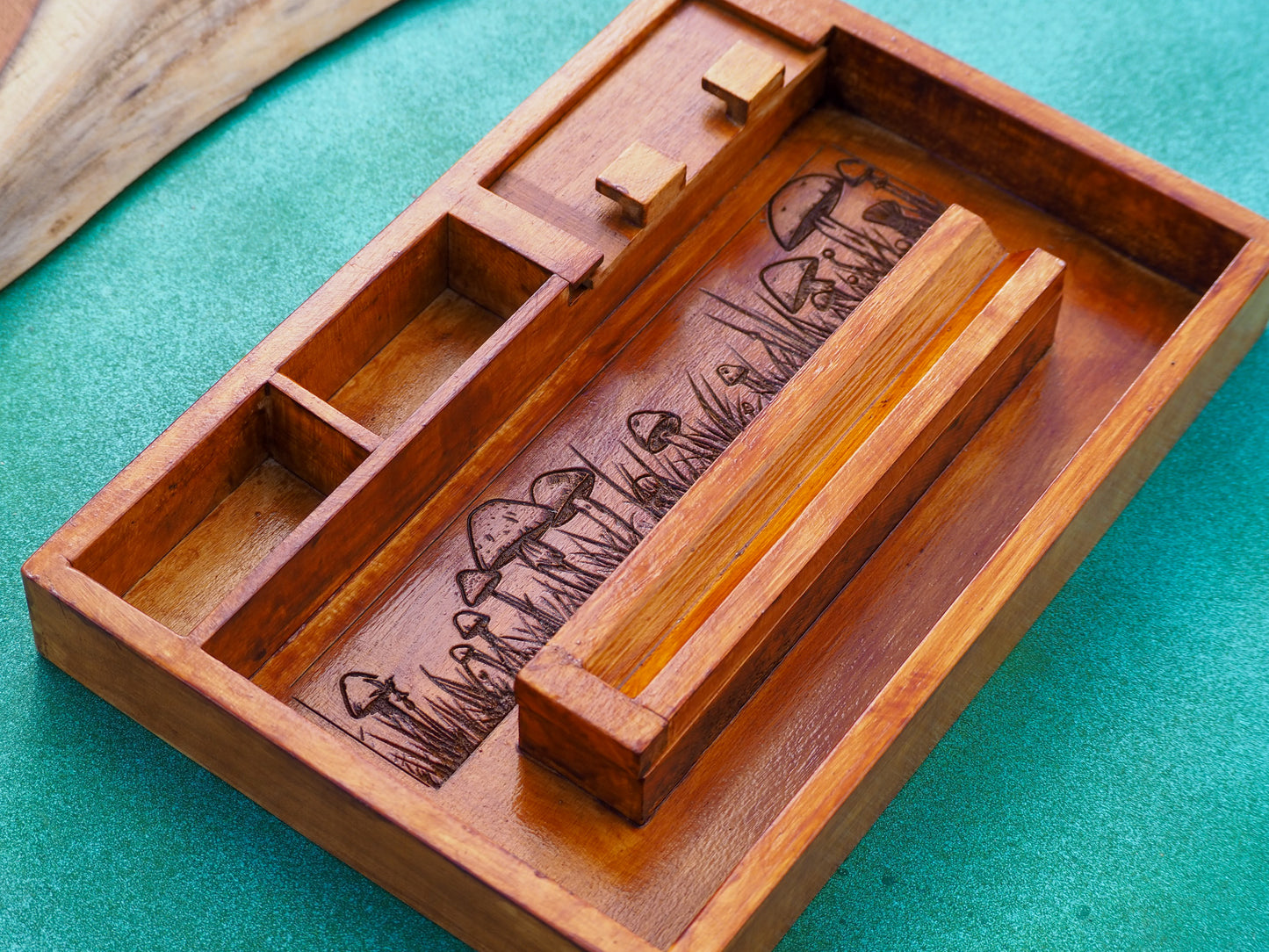 Custom Wooden Rolling Tray, Personalise With Name Or Message, Multiple Compartments, Mushroom Art Work